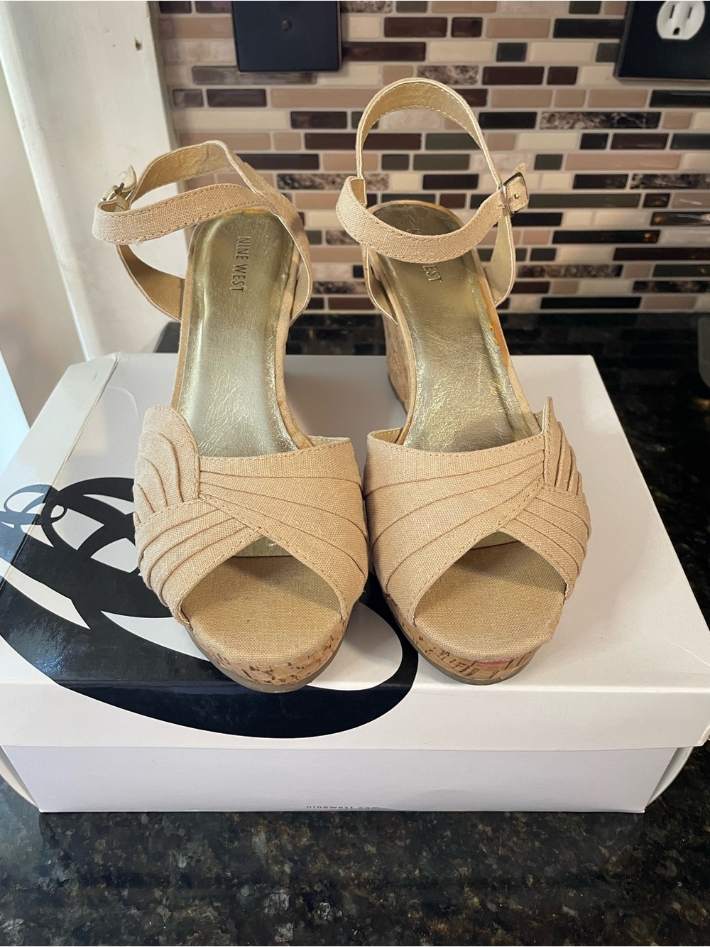 Nine West Camel Wedge Size 8.5 Sandal 3.5” Heel